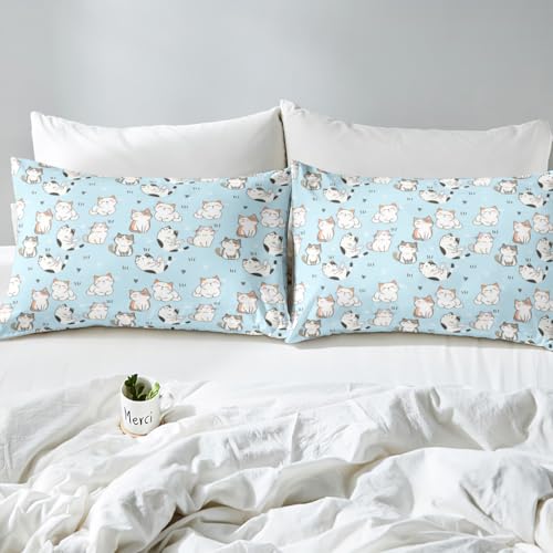 Erosebridal Cat Sheet Sets King, Kawaii Garfield Persian Cat Flat Sheet for Kids Boys Girls, Paw Print Love Heart Bed Sheets, Cartoon Animals Soft Fitted Sheet 4 Pieces, Blue Erosebridal