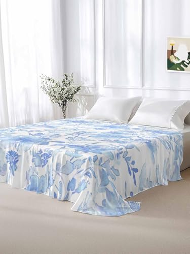 King Size Flat Bed Sheet,Blue Botanical Microfiber Brushed Single Flat Sheet Only,Retro Ink Floral Flower Modern Minimalist Soft & Breathable Top Sheet Lightweight Quilt Hotel Luxury Bedding ZOE GARDEN