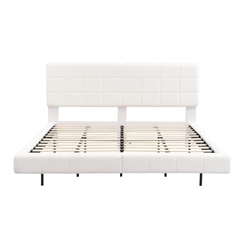 Merax King Size White Boucle Upholstered Platform Bed with Tall Headboard, Modern Floating Bed Frame with LED Lights for Bedroom, Solid Wood Slats Support, No Box Spring Needed, Easy Assembly Merax