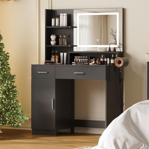 ProsperHaven Vanity Desk with LED Mirror and Lights, Makeup Vanity Table with Power Outlet, Drawers, Cabinet, Dressing Table with Open Storage Shelves for Bedroom, Dressing Room, Black ProsperHaven