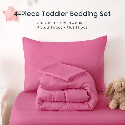 Wake In Cloud - Toddler Bedding Set for Boys Girls, 4 Pieces Soft Crib Bed Set Including Comforter, Sheets and Pillowcase, Hot Pink Wake In Cloud