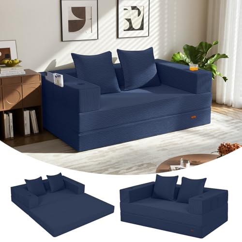 COMAX Futon Sofa Bed, 4‑in‑1 Convertible Sofa Bed, Folding Boneless Couches for Living Room, Fold Out Small Foldable Loveseat Floor Sleeper Comfy Mattress Lounge Space‑Saving, Navy Blue COMAX