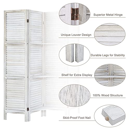 AMBITION LAND Room Divider with Shelves, Privacy Screen, Room Dividers and Folding Privacy Screens, 4 Panel Wood Temporary Wall Partition Separation Separator, Coconut AMBITION LAND