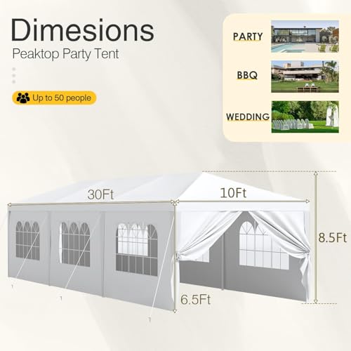 Greesum 10 x 30 Outdoor Canopy, Gazebo with 8 Removable Sidewalls, Outside Waterproof Wedding Canopies for Events, White Greesum