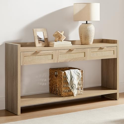 SICOTAS Rattan Console Table for Entryway - Large Boho TV Console Table Entry Table with 3 Storage Drawers, 60" Long Sofa Table Behind Couch for Living Room, Hallway, Foyer SICOTAS