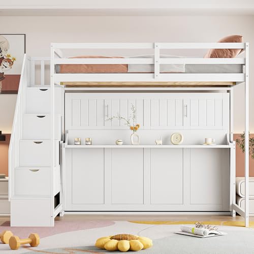 MaiDeHaoo Murphy Bunk Beds Full Bunk Bed with Desk and Storage - White MaiDeHaoo
