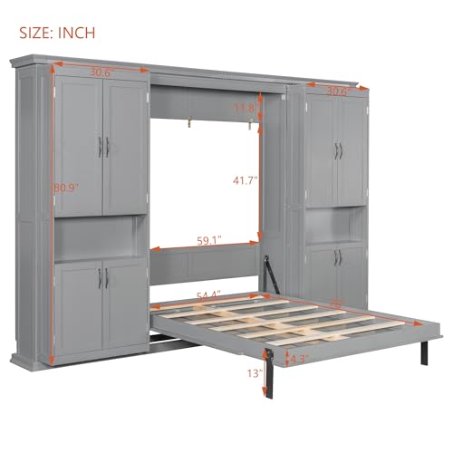 XD Designs Modern Full Murphy Bed with Dual Sliding Doors Storage Cabinets, Wood Hidden Wall Bed with Dual 6-Tier Side Shelves, Large-Capacity Space-Saving (Gray-12.9) XD Designs