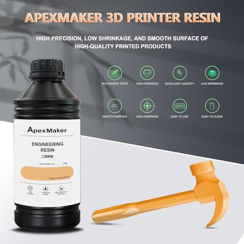 ApexMaker 3D Printer Engineer Resin 395-405nm High Hardness Photopolymer Resin, Used for 3D Printing of Functional Gadgets and Models for 4K 8K LCD/DLP 3D Printer(Engineer Orange,1000g)