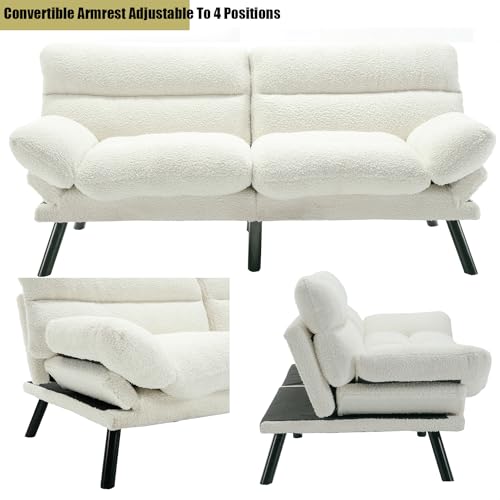 70“Futon Sofa Bed, White Convertible Folding Futon Small Couch Breathable Small,Upholstered Double Loveseat Bed for Compact Living Studio in Room and Bedroom, Offices, Dorm (White Teddy Velvet) Klwenas Maec