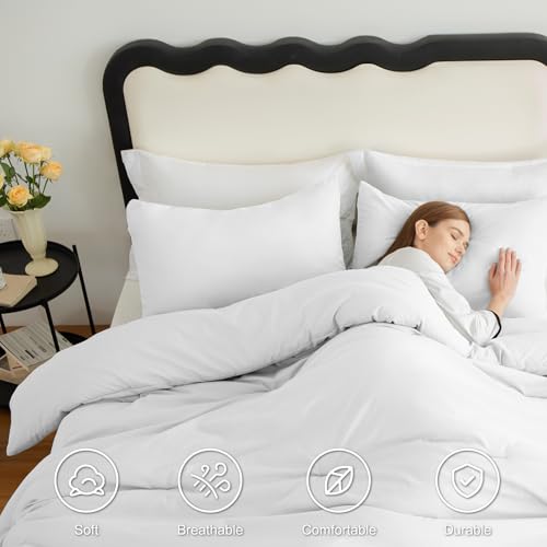 CozyLux White Full Size Comforter Set, 3 Pieces Solid Breathable Quilted Style Bedding Sets, Luxury Fluffy Soft Bed Set with Down Alternative Comforter for All Season (1 Comforter & 2 Pillowcases) CozyLux