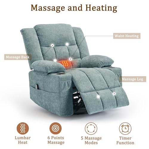 Korser Adult 360° Swivel Rocking Recliner, Nursery Rocking Chair with Massage and Heating Function, Cup Holder, Manually Adjustable Seat for Living Room and Bedroom (Fabric, Lake Blue)
