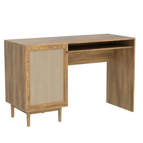 mopio Haylee Farmhouse Rattan Study Desk with Adjustable Shelf Storage Space mopio