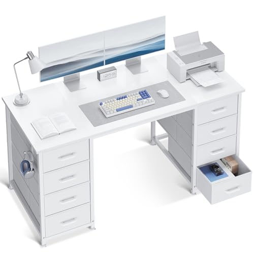 ODK 48 Inch White Computer Desk with 8 Fabric Drawers, Modern Office Desk with Large Storage for Home Office, Study, Gaming, White ODK