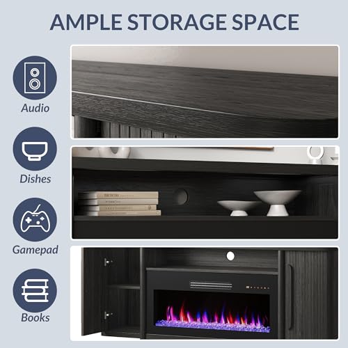 BELLEZE 66" TV Stand with 36" Electric Fireplace, Wood Console Table for TVs up to 75 Inches, Entertainment Center with Storage Cabinets for Living Room, Bedroom - Portman (Espresso Black) BELLEZE