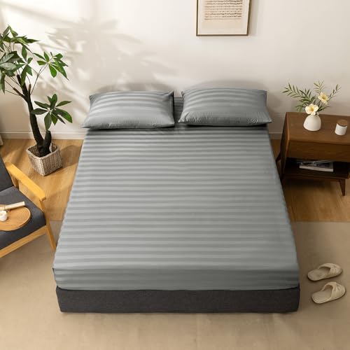 NookZuzu 3 Piece Cotton Stripe Fitted Sheet and Pillowcase Set,Including 1 Full Gray Fitted Sheet & 2 Pillowcase Set,Organic Cotton Deep Pocket Fitted Sheet,NO Flat Sheet Included,Soft and Cooling NookZuzu