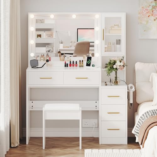 White Vanity Table with Drawer Dresser, Farmhouse Vanity Makeup Desk with Charging Station, Vanity Desk with Lights Mirror & Drawers for Makeup,Vanity Desk with Storage Shelf & 5 Drawers (Gold Handle) UGTOO
