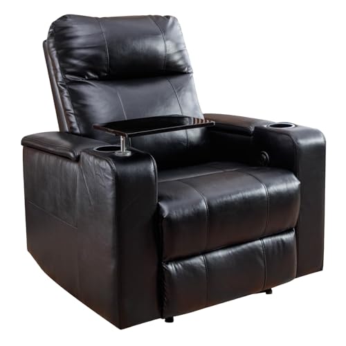 ANJ Power Recliner Chair with USB Ports, Faux Leather Home Theater Seating with Swivel Tray Table, Electric Movie Reclining Chairs with Cup Holders, Hidden Arm Storage (Black)