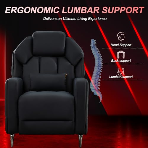 URRED Gaming Recliner Chair with LED Lights, Ergonomic Video Game Reclining Chair with Footrest, Lumbar Pillow, Side Pocket, Home Theater Recliner for Living Room, Bedroom, Gaming Room (Black)