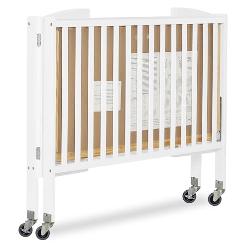Dream On Me Folding Full-Size Convenience Baby Crib in White, GreenGuard Gold & BSA, Portable, Patented Quick Folding System, Strong Wheels, 2 Adjustable Mattress Heights