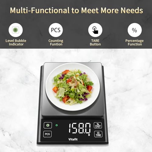 Vitafit 11lb Food Scale, High Accuracy 0.0001lb by Our Professional Scale Factory Since 2001, Digital Kitchen Scale with% Percentage Function for Cooking, Baking & Coffee, Stainless Steel, LED, Black