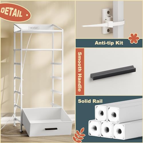 EKNKOZY Nightstand 5 Drawer Dresser with LED Lights and Charging Station, Vertical Side Table with Fabric Drawers, End Table with Open Shelf, Tall Dresser for Bedroom, Hallway, Entryway, White EKNKOZY