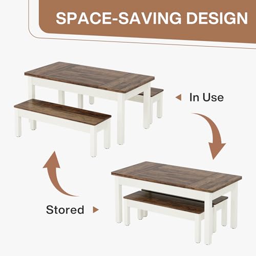 Tribesigns Farmhouse Dining Table Set for 4-6, 55-Inch Wooden Kithcen Table with 2 Benches, Space Saving 3 Pieces Heavy Duty Dinette for Dining Room, Kitchen, Small Space Tribesigns