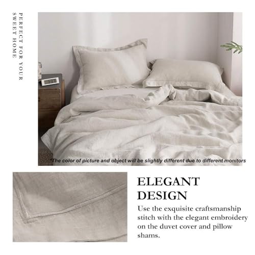 Simple&Opulence 100% Linen Duvet Cover Set with Embroidery Border Washed - 3 Pieces (1 Duvet Cover with 2 Pillow Shams) with Button Closure Soft Breathable Farmhouse - Linen, Full Size Simple&Opulence
