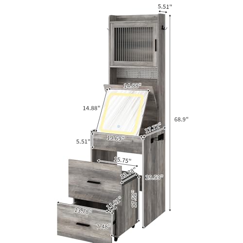 Karl home 3 in 1 Vanity Desk with Fold-up Panel Lighted Mirror, Small Vanity Table Set with Hidden Storage Stool Charging Station for Bedroom, Compact Corner Vanity Set with Storage Cabinet, Gray Karl home