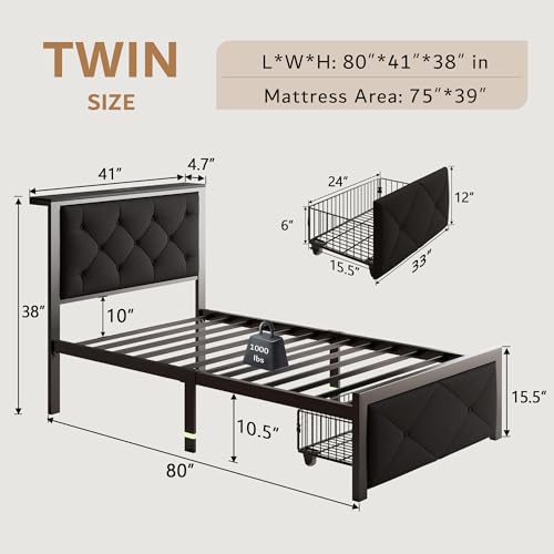 iPormis Twin Bed Frame with Storage Drawers, Linen Upholstered Headboard Platform Bed with Charging Station, No Box Spring Needed, Metal Slats Support, Noise-Free, Easy Assembly, Black iPormis