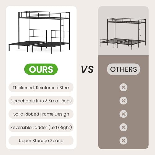 Mixcous Triple Bunk Bed Twin XL Over Twin & Twin, Heavy Duty Metal Bed Convertible to 3 Beds for Teens & Adults, Bunk Bed Frame with Adjustable Ladder, Noise-Free, Ideal for Space-Saving Needs, Black Mixcous