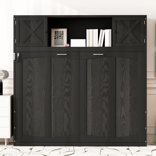SOFTSEA Queen Size Horizontal Murphy Bed with Shelves, Hidden Wall Bed Frame with Storage Cabinets, Space Saving Foldable Murphy Bed for Small Spaces, Guest Room, Bedroom, Office, Black SOFTSEA