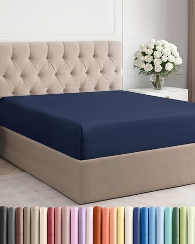 Full Fitted Bed Sheet - Bottom Single Fitted Sheet Only - Ultra-Soft Hotel Luxury Bedding w/ 8-16 Inch Deep Pockets - Breathable, Cooling & Wrinkle Free - Easy-Fit, Fade & Shrink Resistant - Navy Blue CGK Unlimited