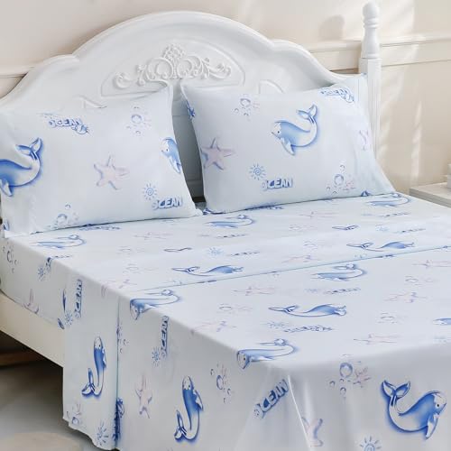 Ocharo Full Size Bed Sheets Set - Cute Ocean Blue Bed Sheet for Kids Sea Animals, Dolphin Whale Starfish Patterned Soft Sheets Light Microfiber 3 Pieces for Girls Boys Bedding Marine Decoration Ocharo