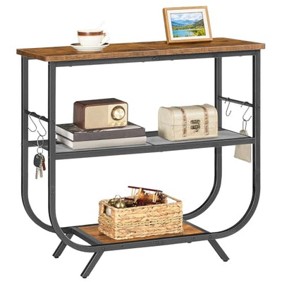 HOOBRO 3 Tier Small Console Table, 31.5" Entryway Table with Storage Shelf, Narrow Sofa Table, Behind Couch Table, Hallway Table with S-Hooks, for Living Room, Rustic Brown and Black BF63XG01