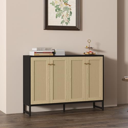 Panana Sideboard Accent Storage Cabinet with Rattan Decorated 4 Doors Dining Room Freestanding Kitchen Buffet Table Cupboard (Black) Panana