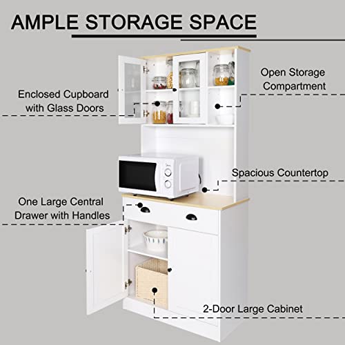 MUPATER 72'' Kitchen Pantry Cabinet Storage Hutch with Microwave Stand, Freestanding Pantry Buffet Cabinet with Adjustable Shelves, Cupboard and Drawer for Home, White MUPATER