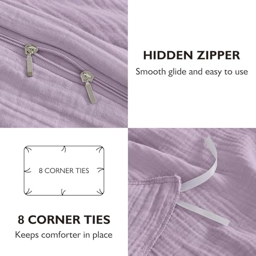EMME Muslin Cotton Duvet Cover Set Lavender Queen Size Linen Like Soft Breathable Lightweight Summer Comforter Cover Set with Zipper Closure (Lavender, Queen, 90"x90") EMME