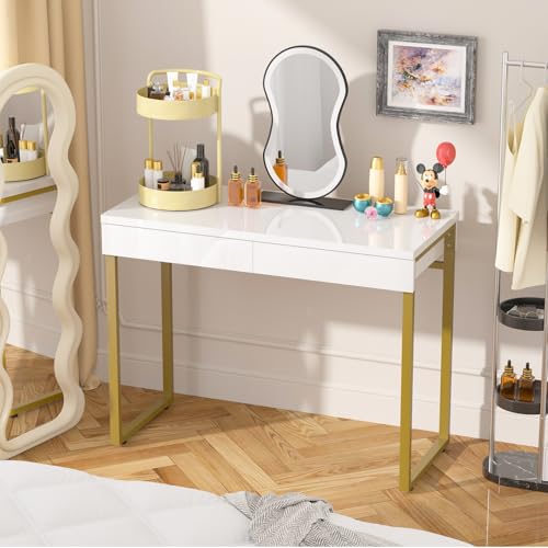 GreenForest Vanity Desk with 2 Drawers,39 inch White Desk with Glossy Desktop Easy Clean,Makeup Dressing Table with Metal Gold Legs for Home Office Small Spaces,Bedroom GreenForest