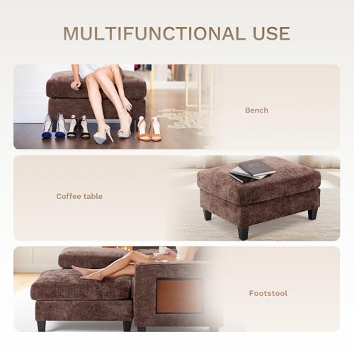 COLAMY 118" U-Shaped Sectional Couch, 4-Seat Modular Sofa with 2 Ottomans and Foldable Side Table, Brown for Living Room COLAMY