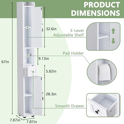 VECELO Bathroom Cabinet with Adjustable Shelf,Narrow Storage Cabinet for Small Space,Slim Cabinet 67in Tall with Metal Toilet Paper Rod Drawer,2 Magnetic Doors Farmhouse Style,Pearl White VECELO