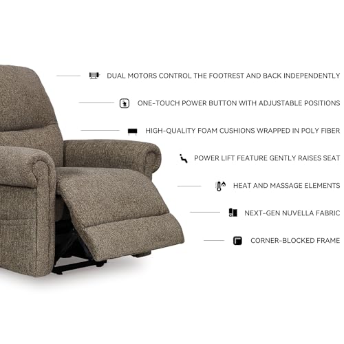 Signature Design by Ashley Aureta Classic Stain Resistant Power Lift Recliner with Side Pocket, Heat and Massage, Dark Brown Signature Design by Ashley