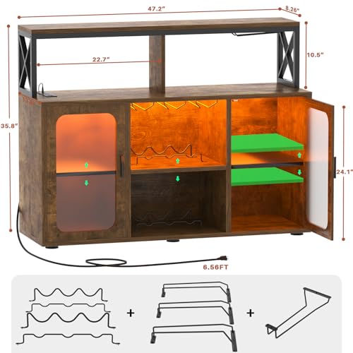 Aheaplus Bar Cabinet with Power Outlets, Liquor Cabinet with Led Lights and Glass Holder, Storage Buffet Cabinet Coffee Bar Cabinet for Liquor, Wine Cabinet with Racks, RustivBrown Aheaplus