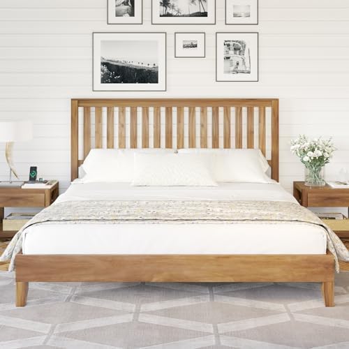 AMERLIFE King Size Wood Bed Frame, Mid-Century Wooden Platform Bed with Grille Headboard, Wood Slat System/No Box Spring Needed/Noise Free, Natural AMERLIFE