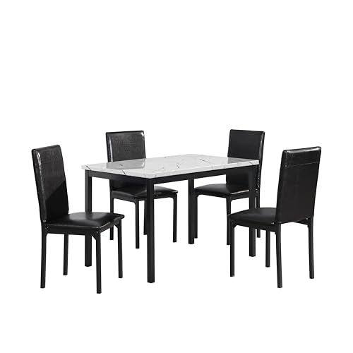 Roundhill Furniture 5 Piece Citico Metal Dinette Set with Laminated Faux Marble Top, White Table with Black Chairs Roundhill Furniture