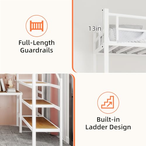 Bellemave Twin Size loft Bed with L Desk, Storage Stairs, Metal Twin Loft Bed Frame for Adults, Kids, Teens, White Bellemave