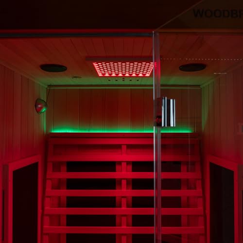 Woodbridge Infrared Home Sauna Room 2 Person Japanese Cedar Indoor Sauna with 7 Carbon Heaters, Red Light Therapy, Bluetooth Speaker, Intelligent Control Panel, Tempered Glass & Top Vent WOODBRIDGE