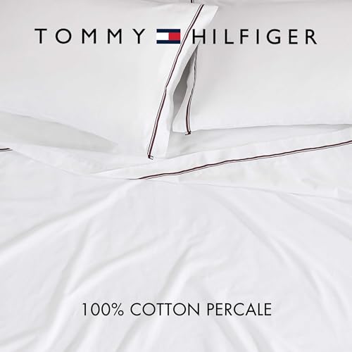 Tommy Hilfiger - Sheet Set, Cotton Percale Bedding with Matching Pillowcases, Crisp & Cool, Premium Quality Home Essentials (Global Stripe Red, King) Tommy Hilfiger