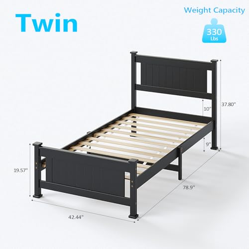 Bonnlo Twin Size Solid Wood Platform Bed Frame, Single Bed with Headboard, No Box Spring Needed Panel Bed, Wood Slat Support Mattress Foundation,Black Bonnlo