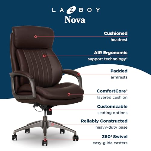 La-Z-Boy Nova Executive Office Chair, Patented AIR Ergonomic Support Technology, High-Back Premium Comfort & Support, Dark Brown Vegan PU Leather La-Z-Boy