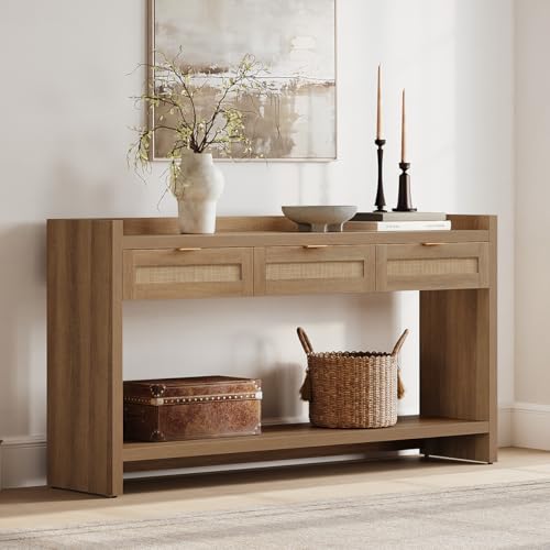 SICOTAS 60" Rattan Console Table for Entryway - Farmhouse Entry Table Sofa Table with 3 Drawers, Narrow TV Console Table with Storage for Living Room, Hallway, Couch, Foyer SICOTAS